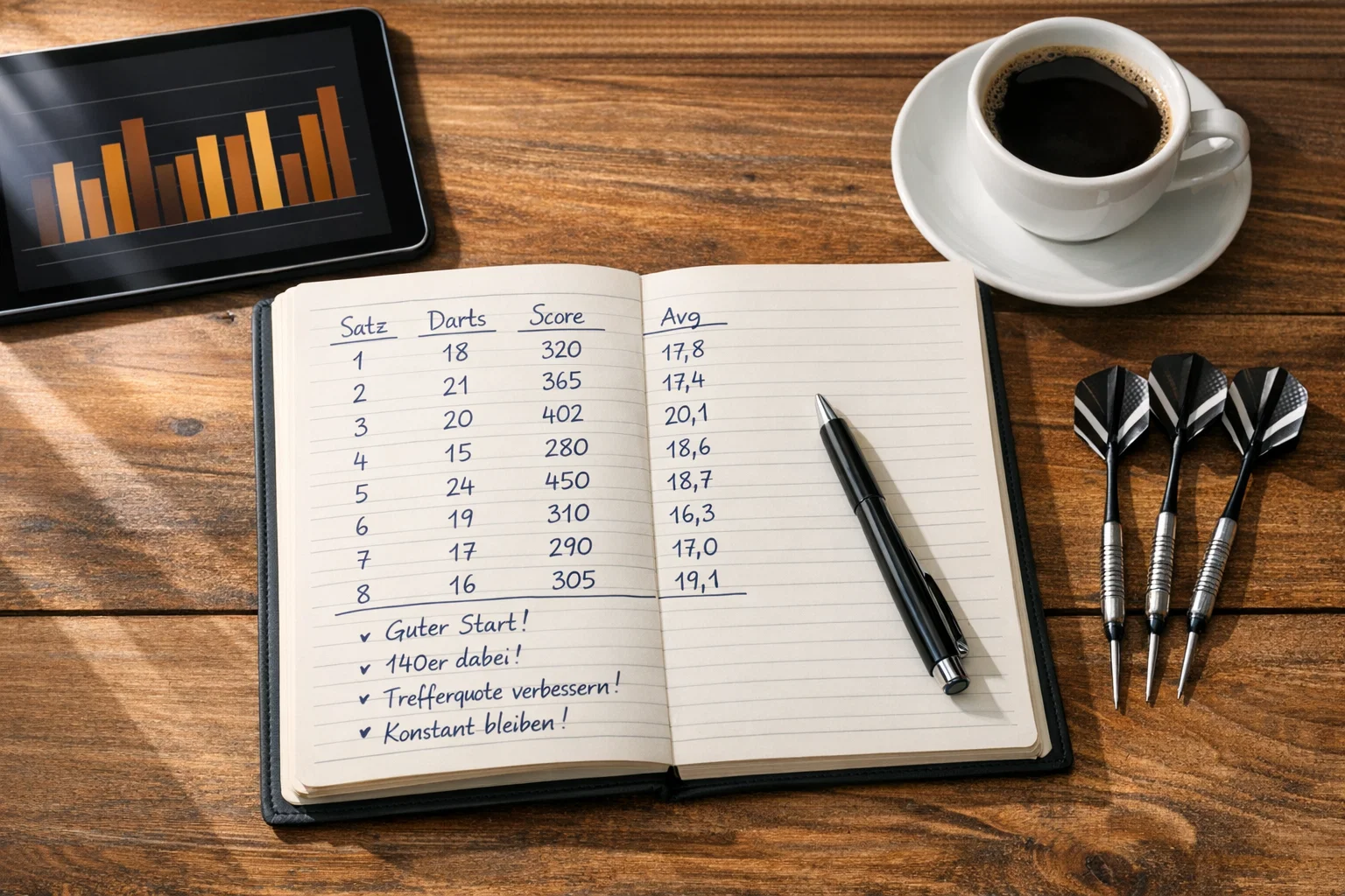 Notizbuch mit handgeschriebenen Darts-Statistiken und Stift neben einer Dartscheibe