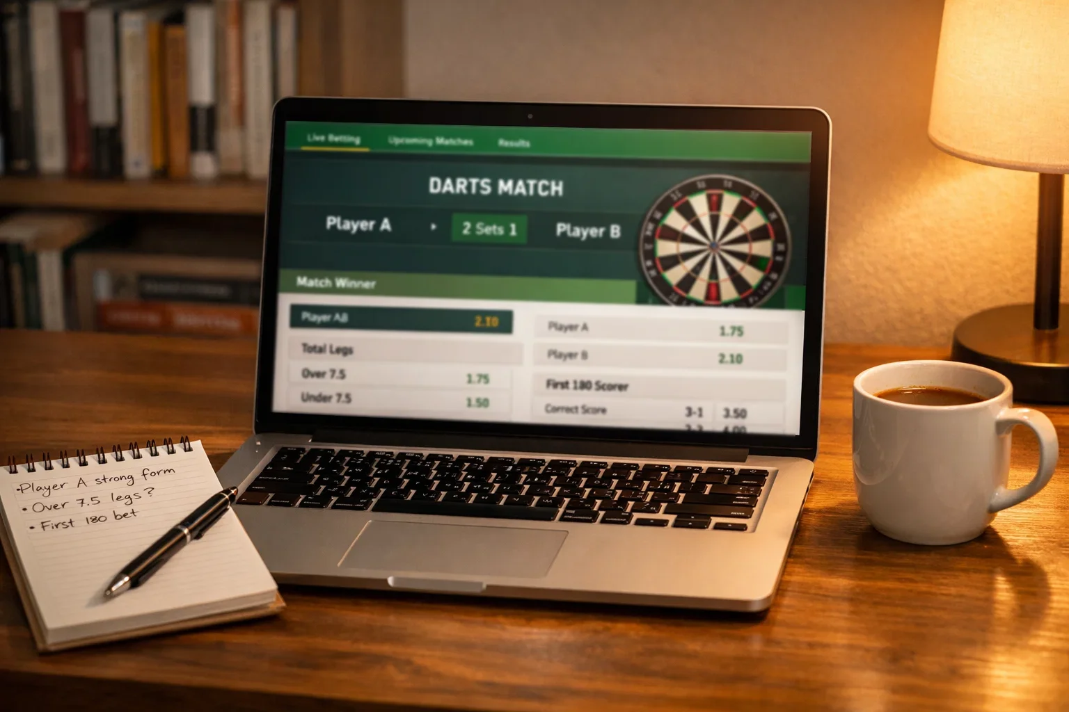 Laptop zeigt einen Darts-Wettschein neben einer Tasse Kaffee und Notizen auf einem Schreibtisch