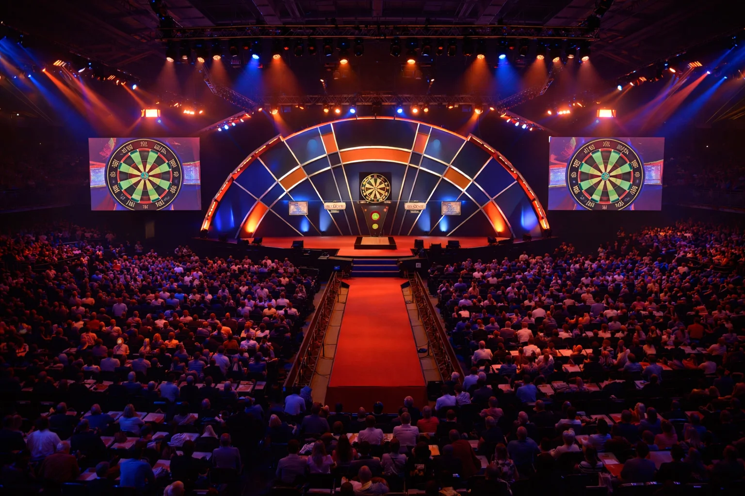 Bühne der PDC Darts-Weltmeisterschaft im Alexandra Palace mit Publikum und Bühnenbeleuchtung